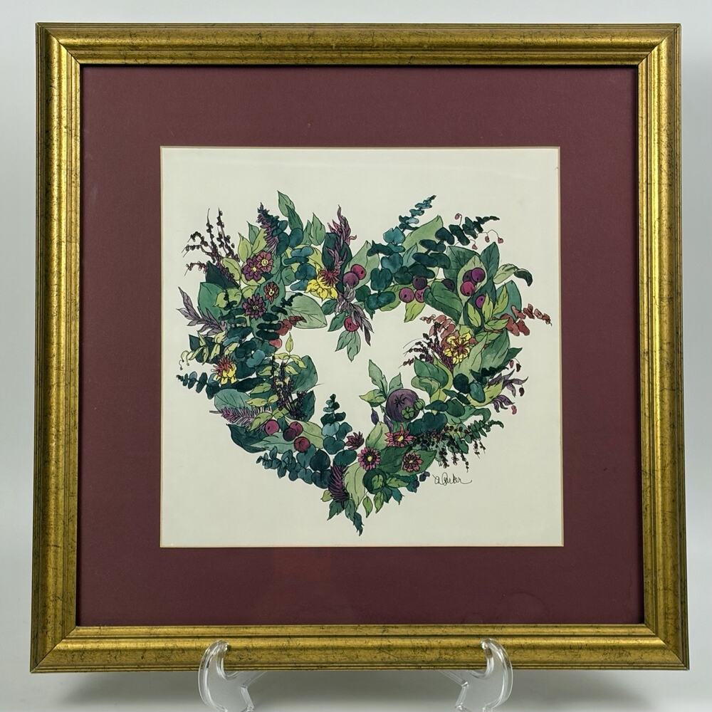 A Parker Lithograph Watercolor Herb Wreath Heart Matted Framed 21.5x21.5” Signed